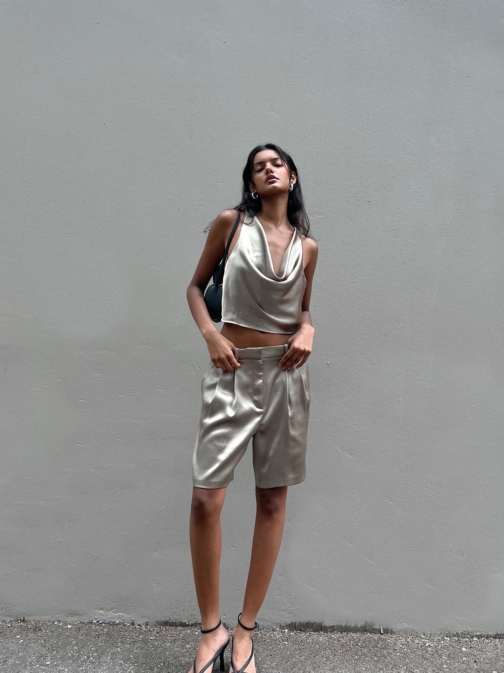 OAK + FORT Olive Satin High-Waist Pleated Shorts